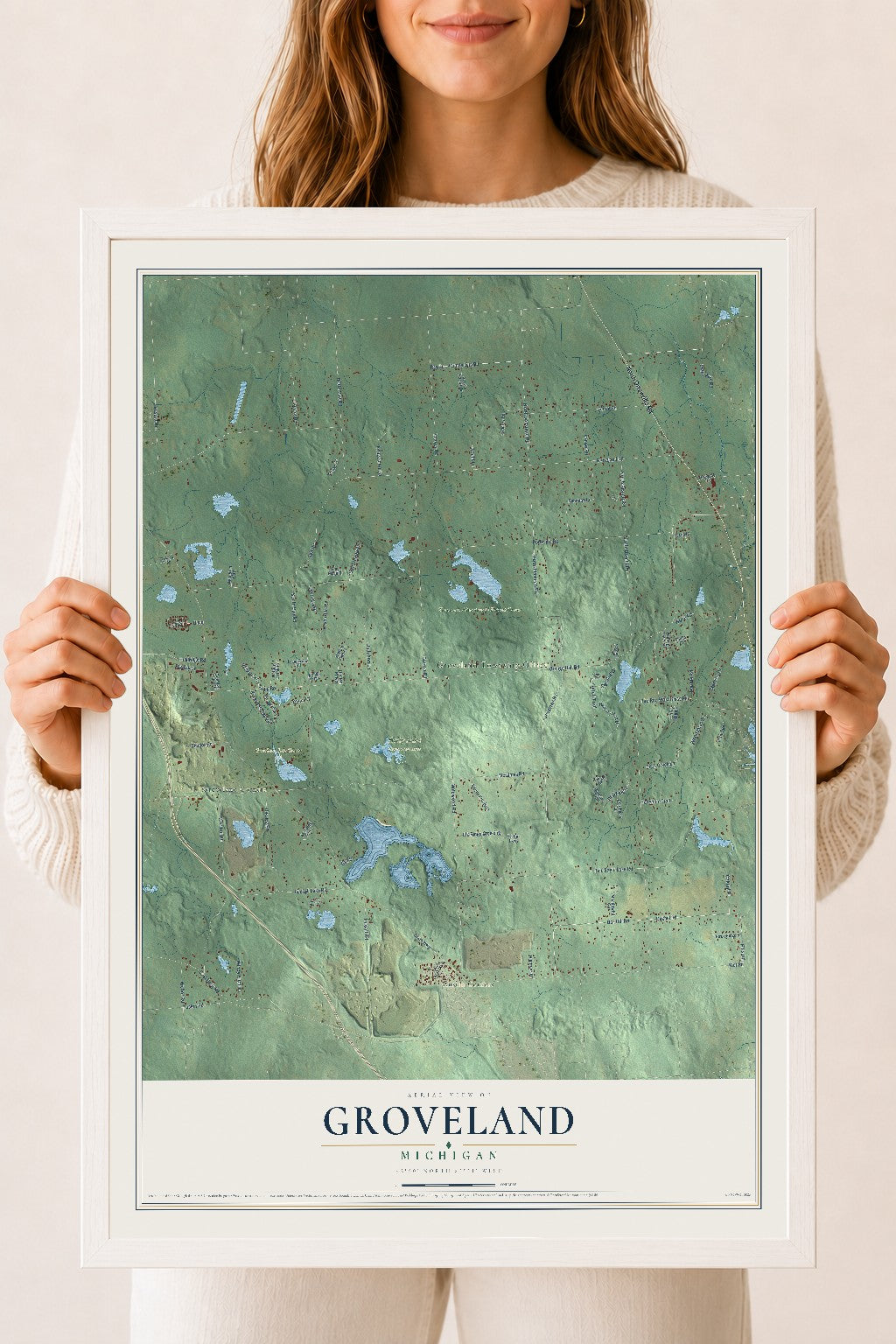 Map of Groveland, Michigan, 18 x 24 inch print in a white wood frame