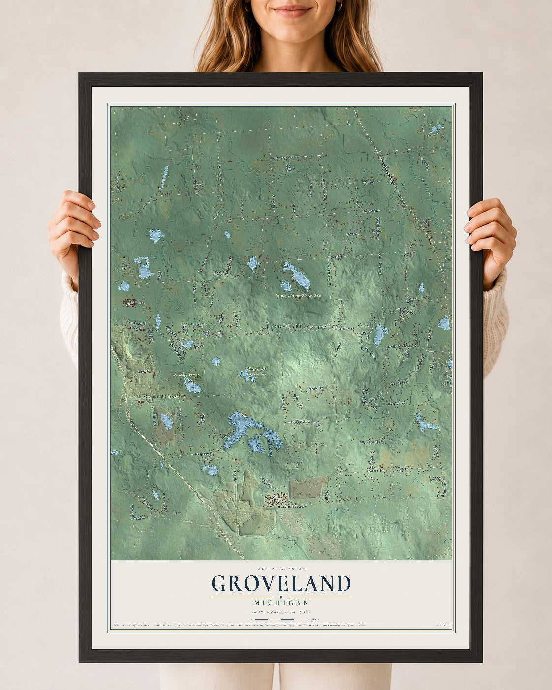 Map of Groveland, Michigan, 24 x 36 inch print in a black wood frame