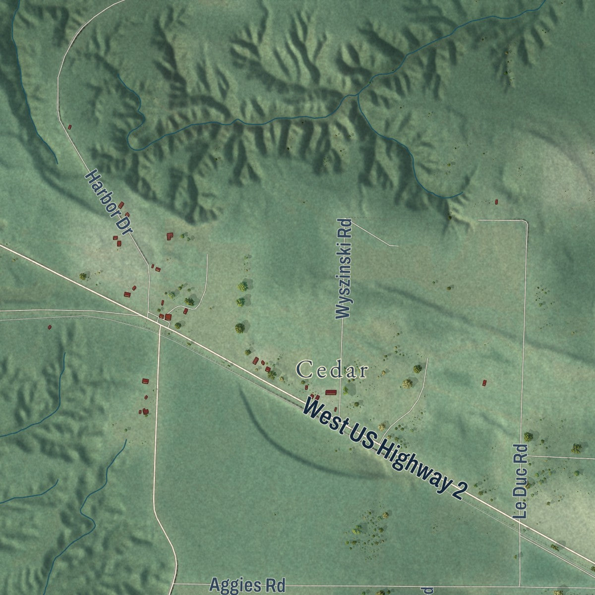 Close-up of the map of Gurney, Wisconsin print showing street and building detail