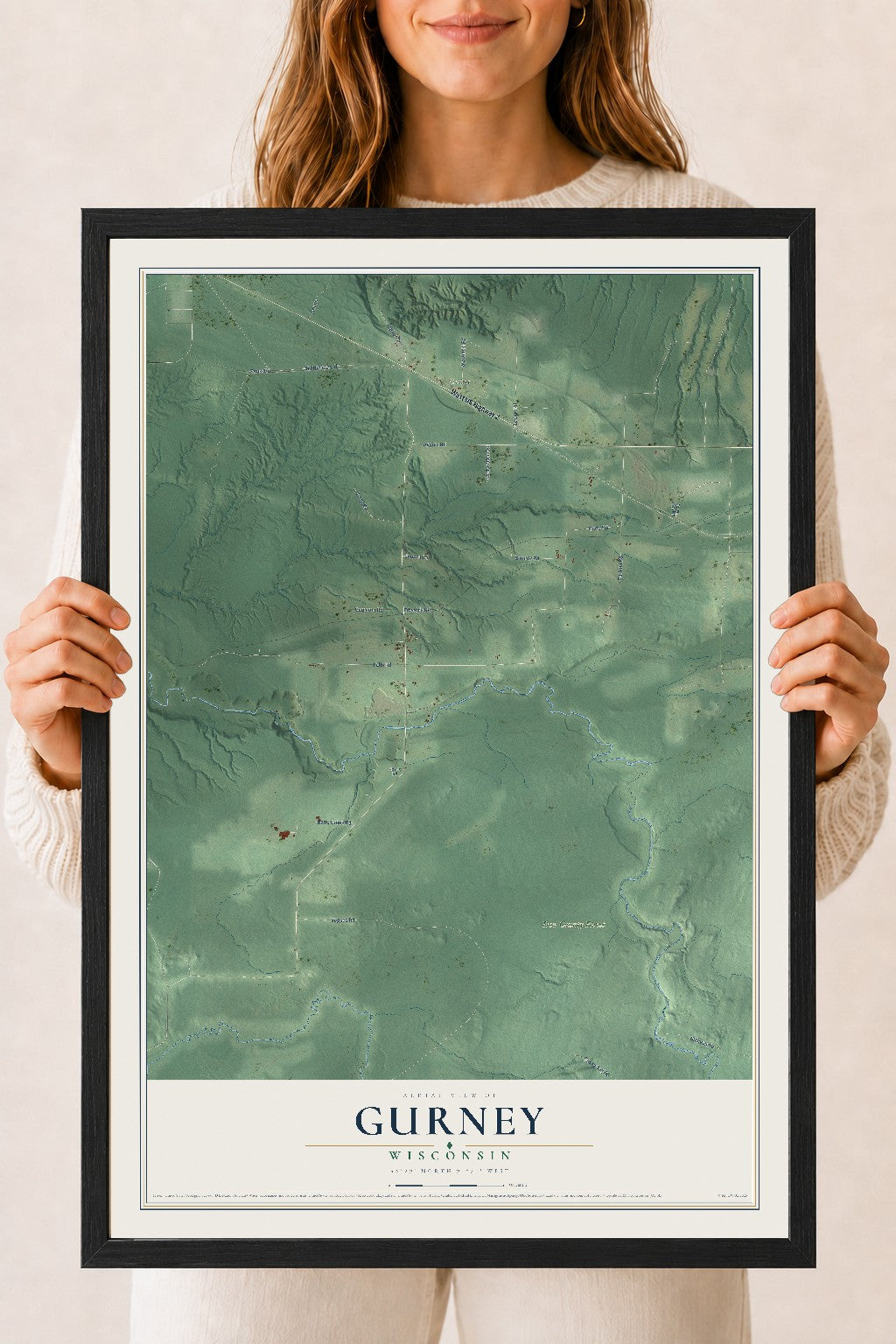 Map of Gurney, Wisconsin, 18 x 24 inch print in a black wood frame