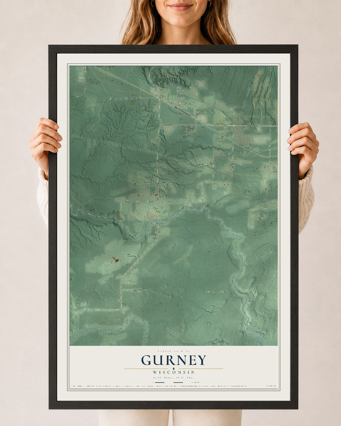 Map of Gurney, Wisconsin, 24 x 36 inch print in a black wood frame