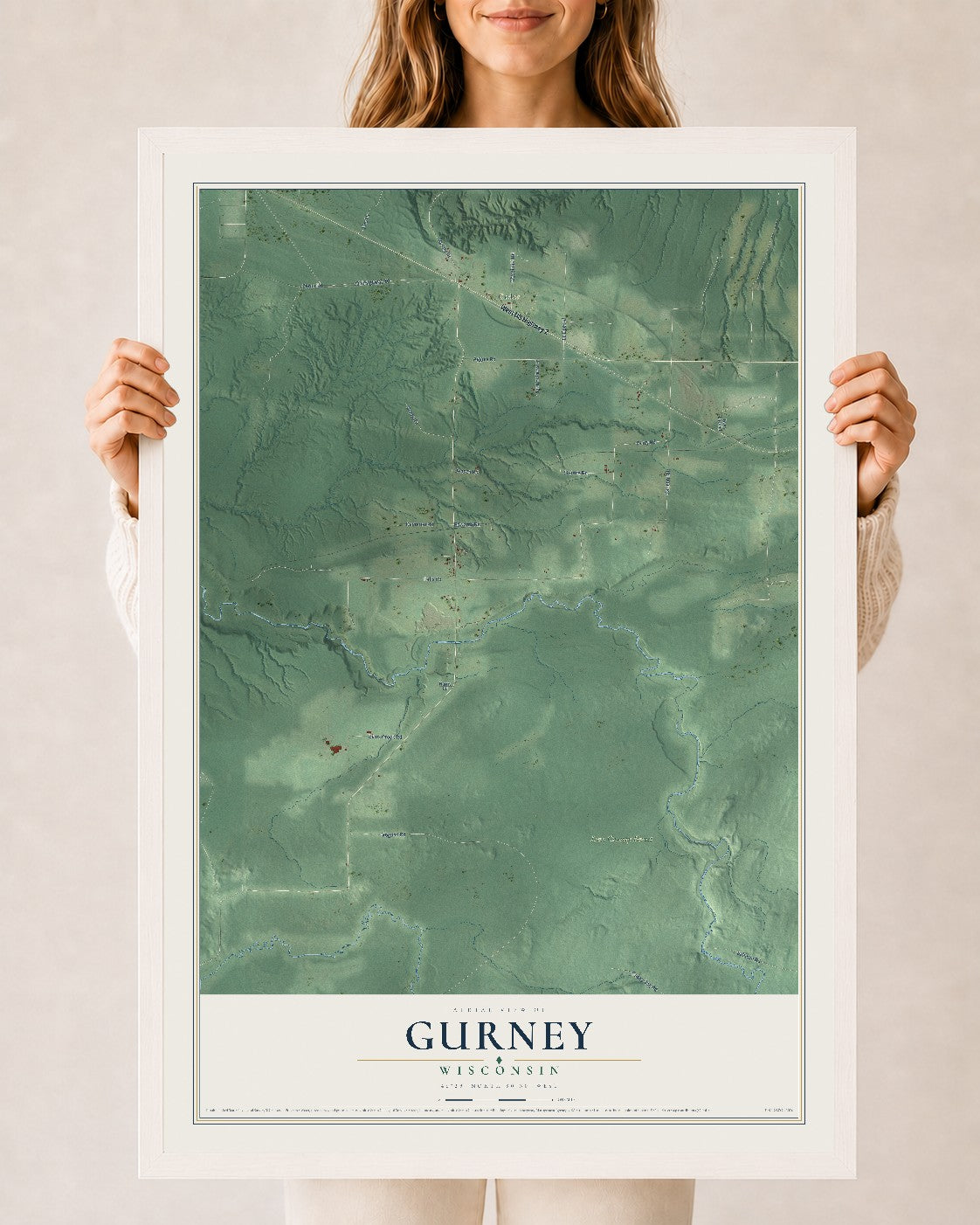 Map of Gurney, Wisconsin, 24 x 36 inch print in a white wood frame