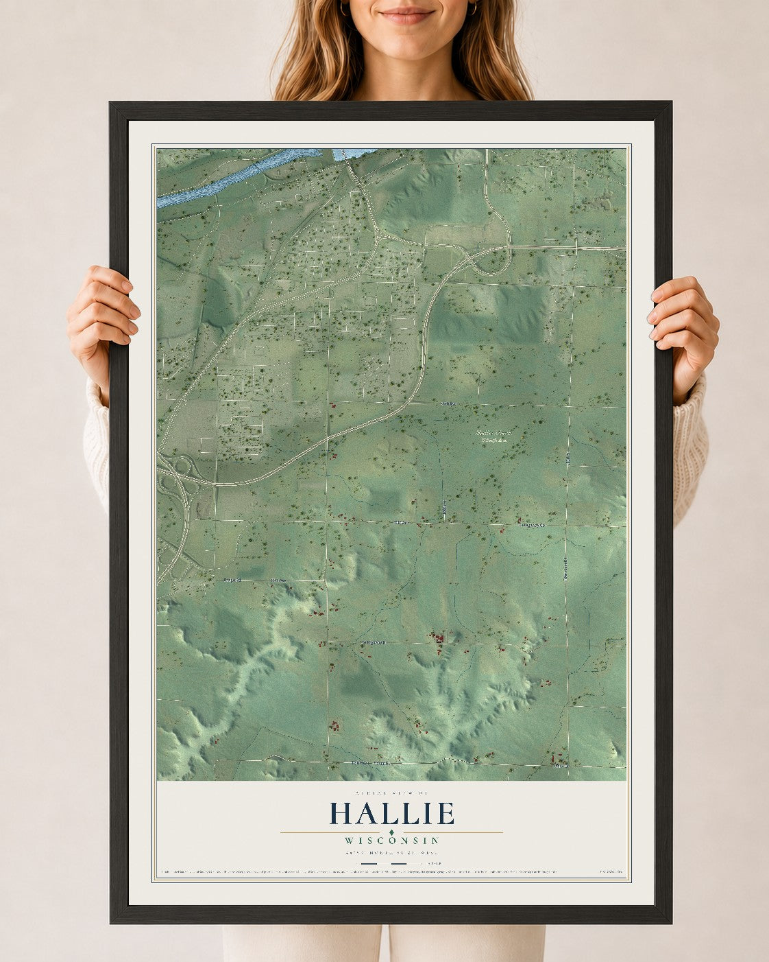 Map of Hallie, Wisconsin, 24 x 36 inch print in a black wood frame