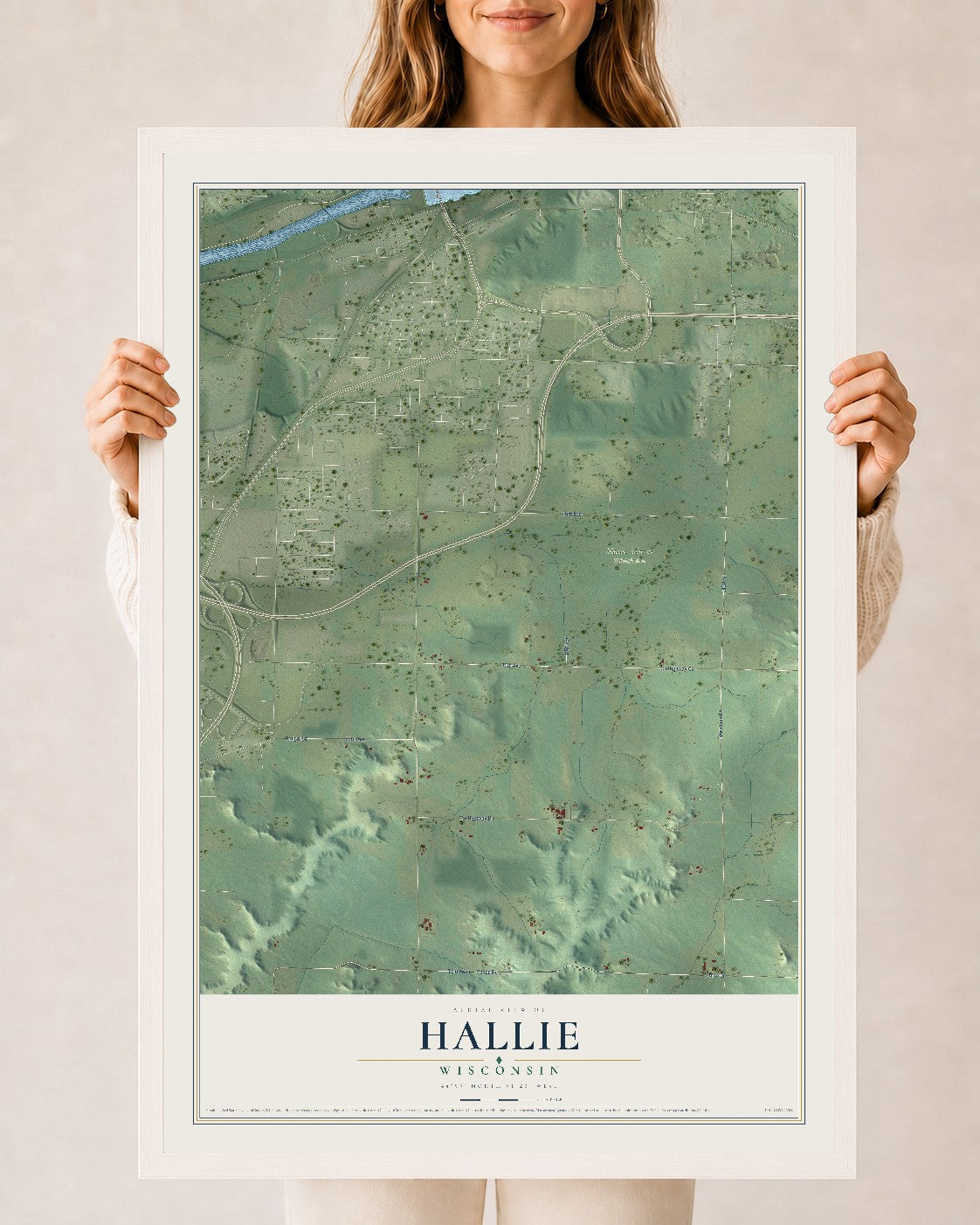 Map of Hallie, Wisconsin, 24 x 36 inch print in a white wood frame
