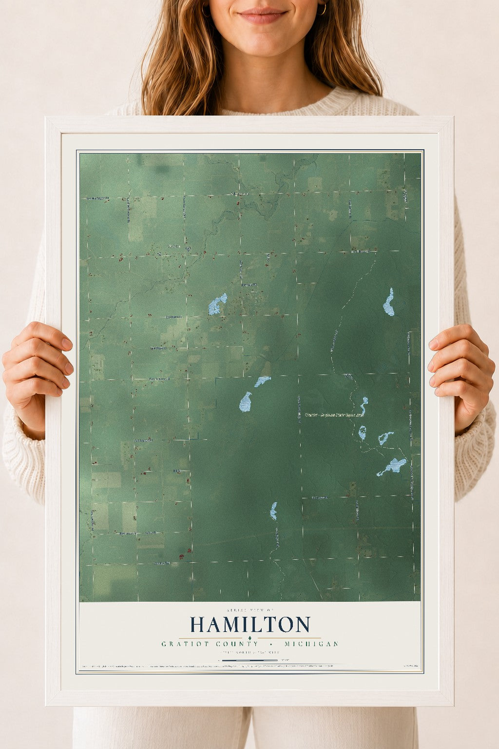 Map of Hamilton, Gratiot County, Michigan, 18 x 24 inch print in a white wood frame