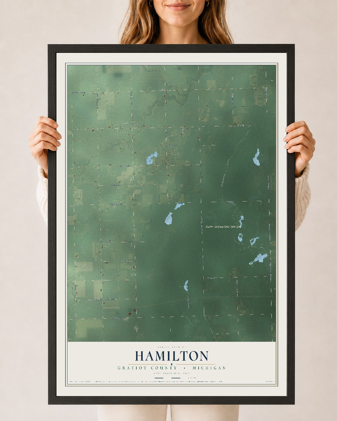 Map of Hamilton, Gratiot County, Michigan, 24 x 36 inch print in a black wood frame