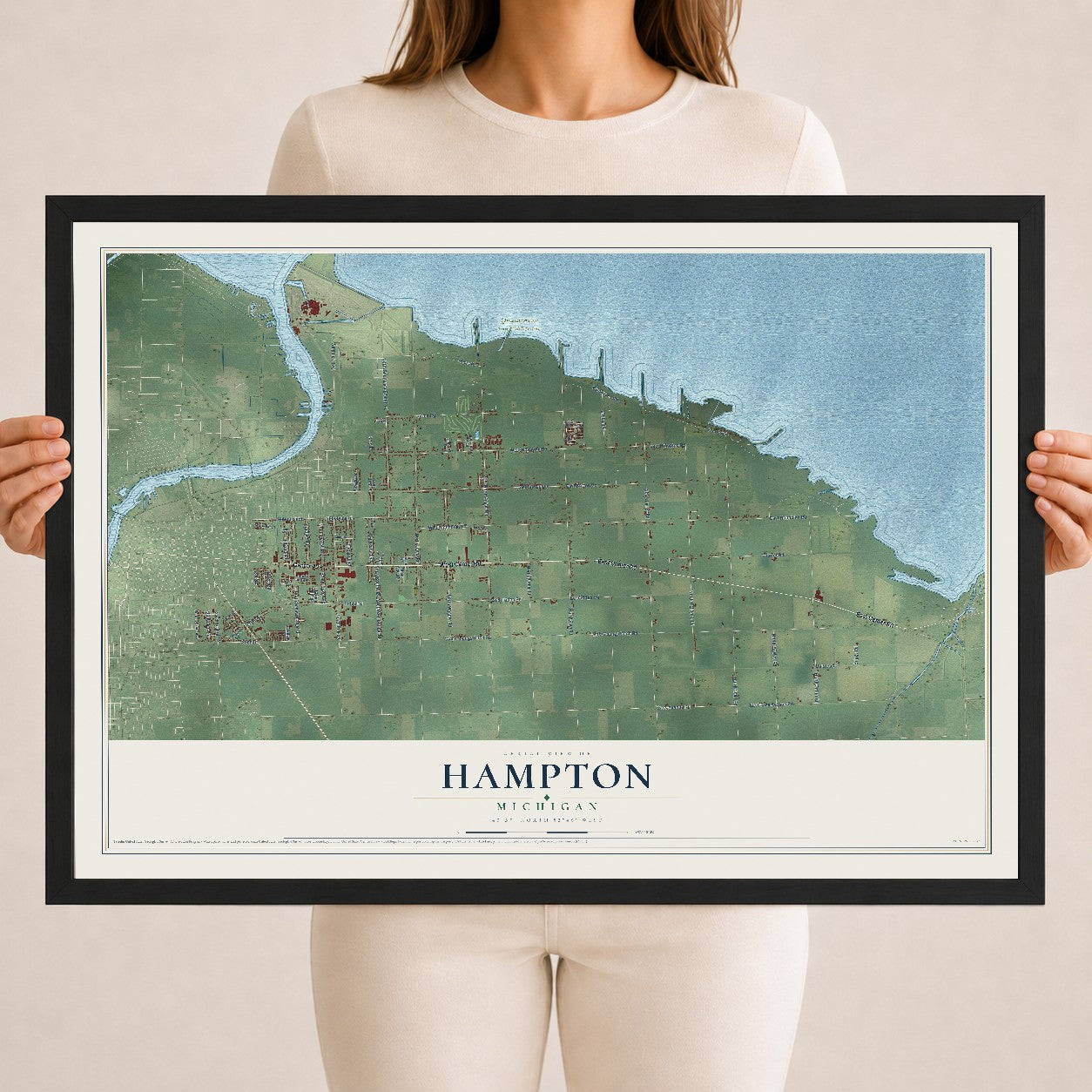 Map of Hampton, Michigan, 18 x 24 inch print in a black wood frame
