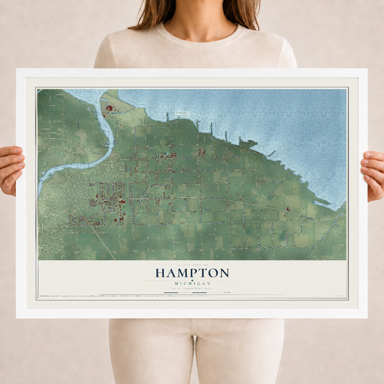 Map of Hampton, Michigan, 18 x 24 inch print in a white wood frame