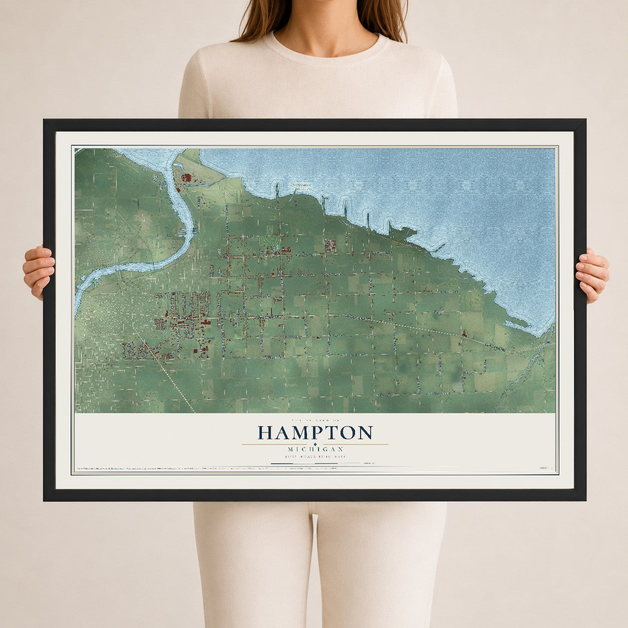 Map of Hampton, Michigan, 24 x 36 inch print in a black wood frame