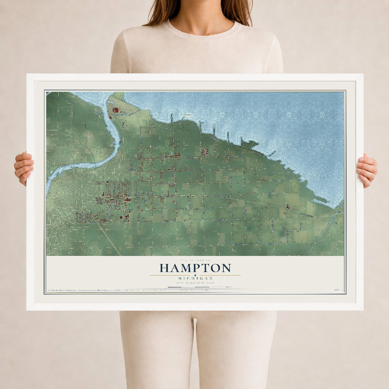 Map of Hampton, Michigan, 24 x 36 inch print in a white wood frame