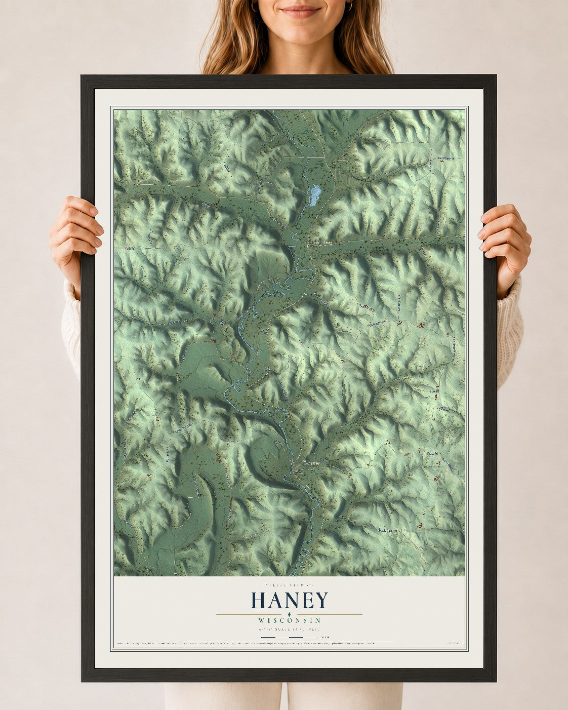 Map of Haney, Wisconsin, 24 x 36 inch print in a black wood frame