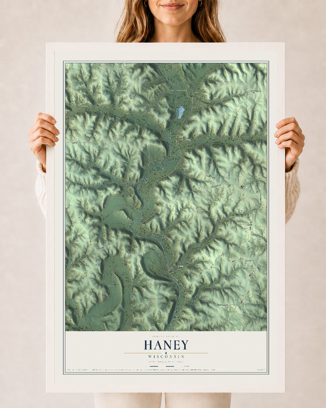Map of Haney, Wisconsin, 24 x 36 inch print in a white wood frame