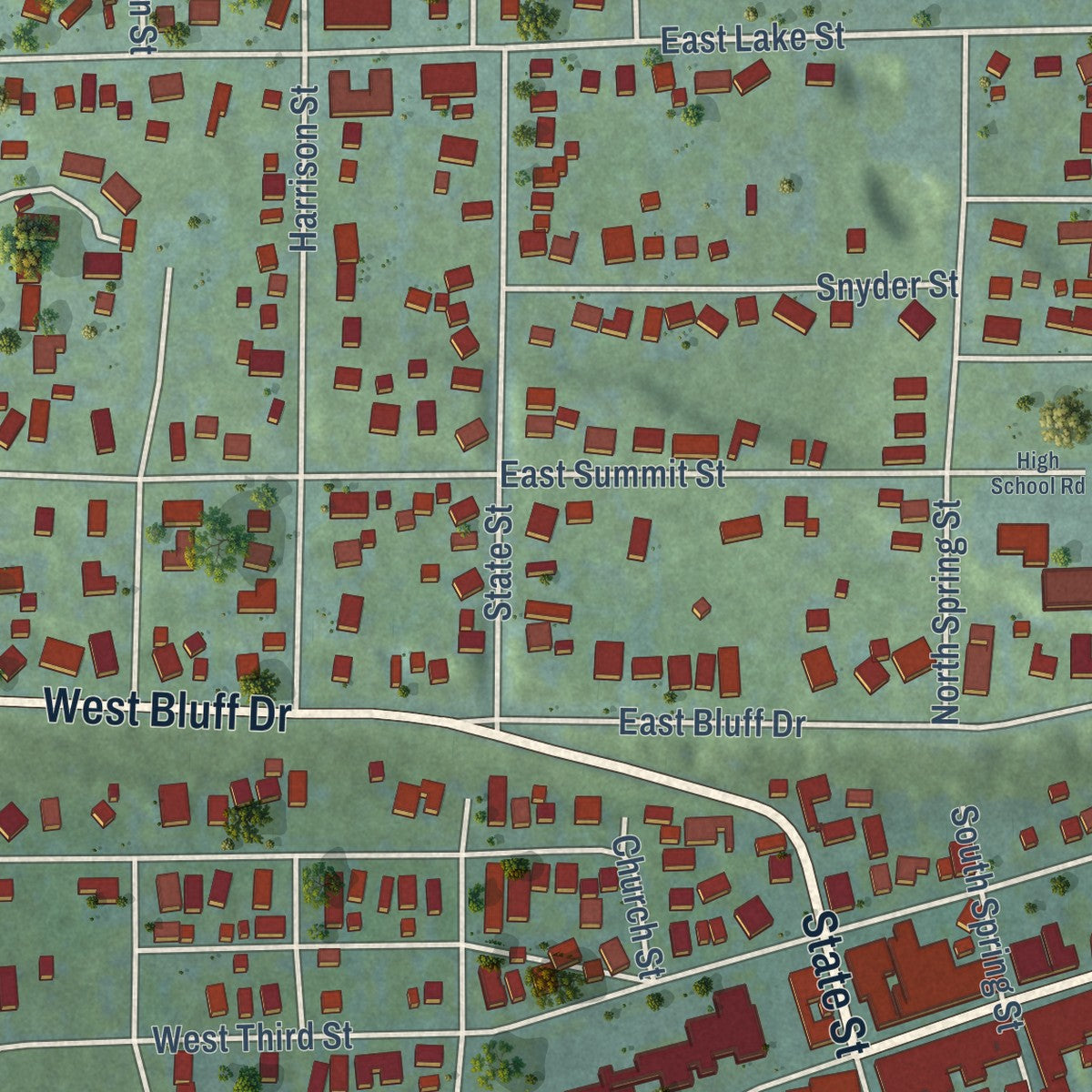 Close-up of the map of Harbor Springs, Michigan print showing street and building detail