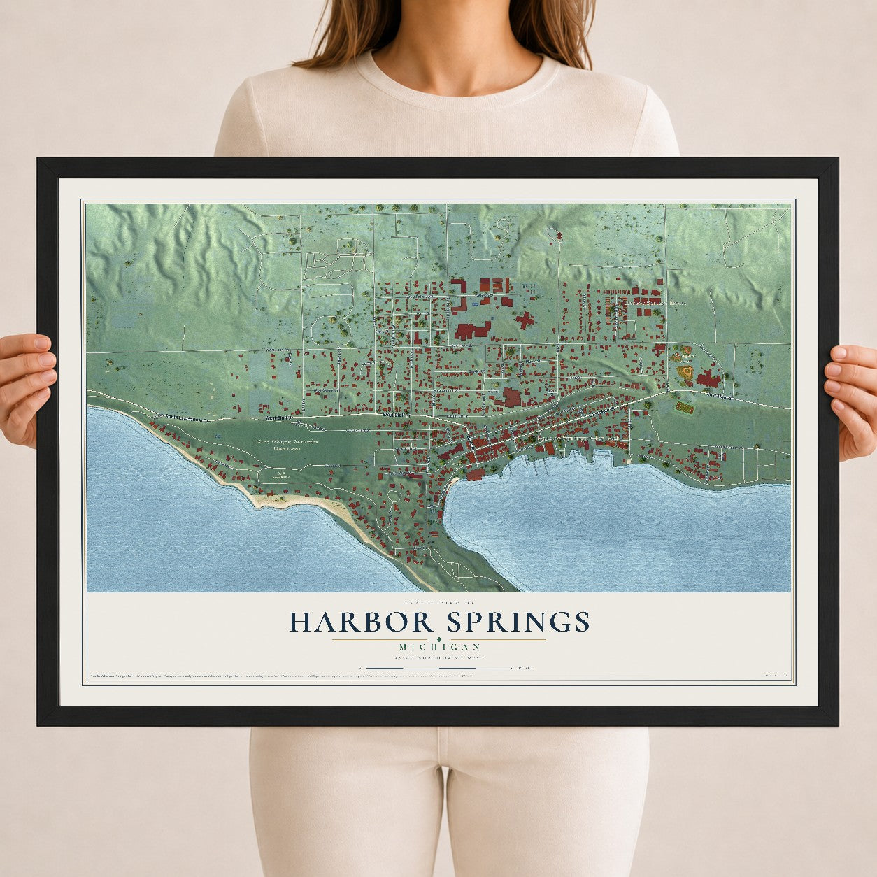 Map of Harbor Springs, Michigan, 18 x 24 inch print in a black wood frame