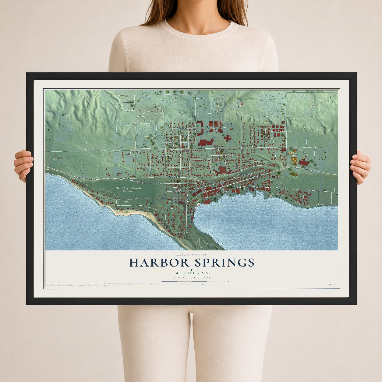 Map of Harbor Springs, Michigan, 24 x 36 inch print in a black wood frame