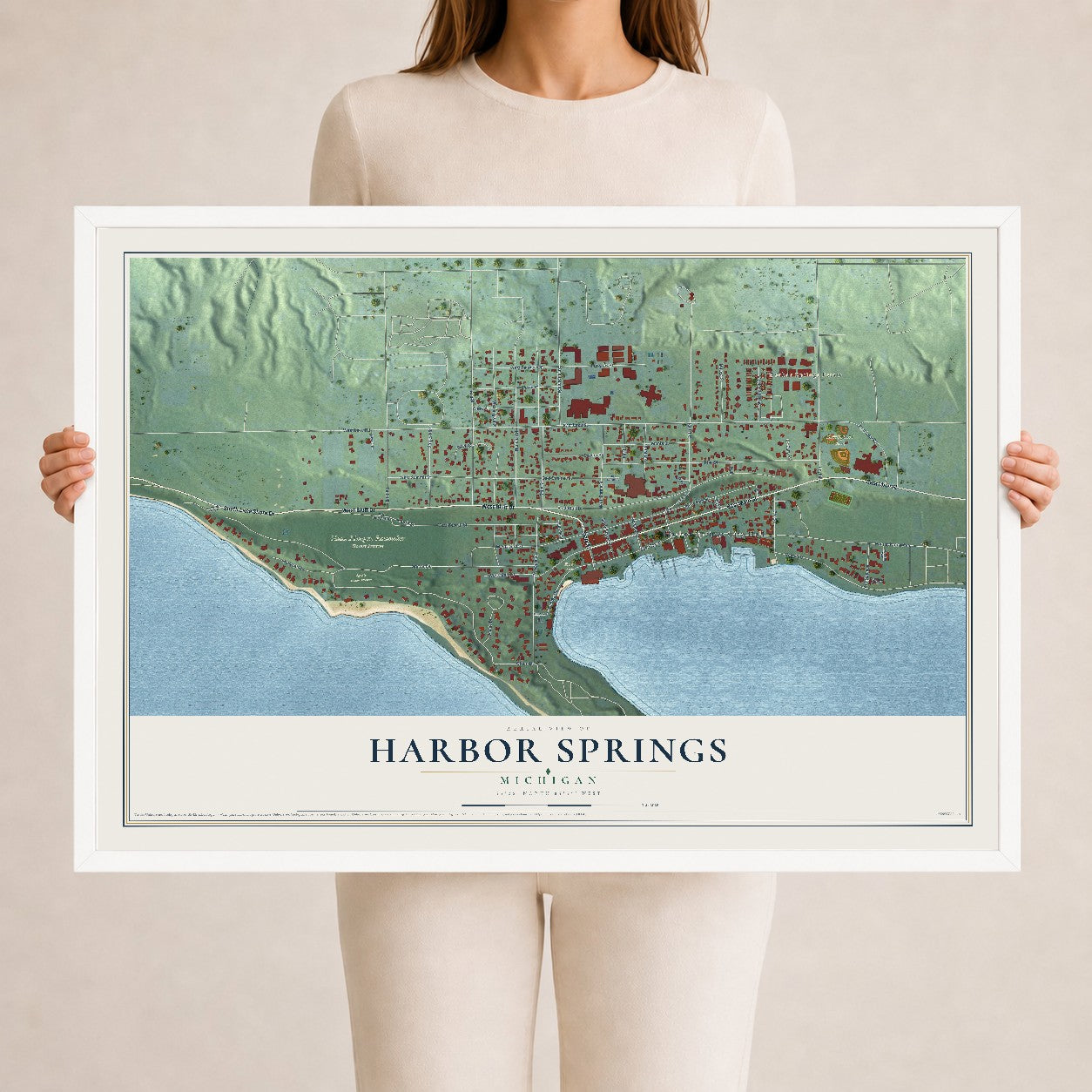 Map of Harbor Springs, Michigan, 24 x 36 inch print in a white wood frame