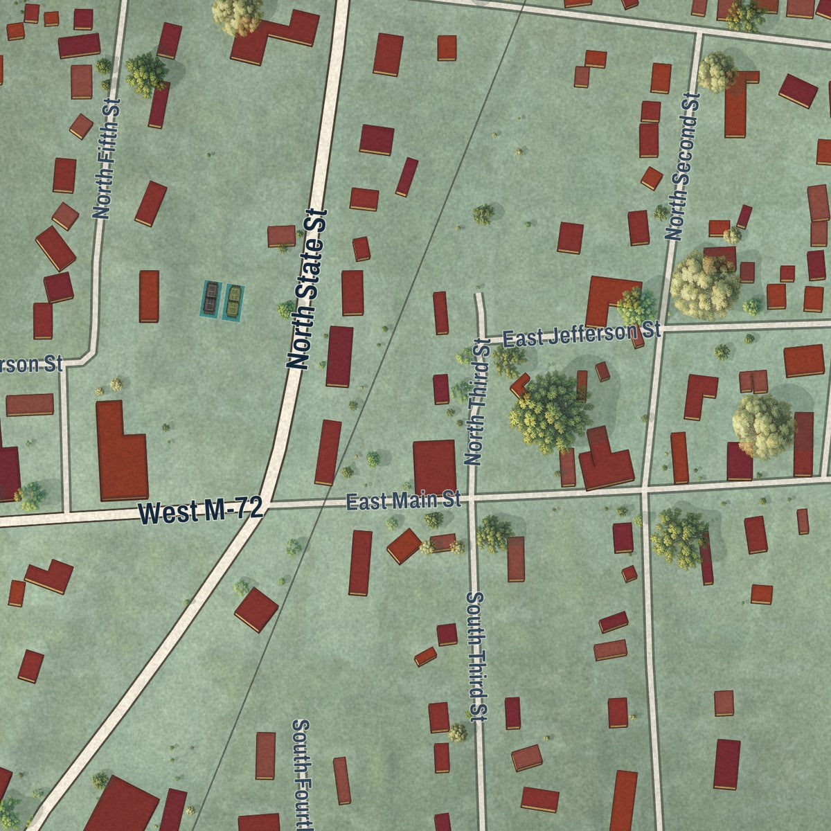 Close-up of the map of Harrisville, Michigan print showing street and building detail