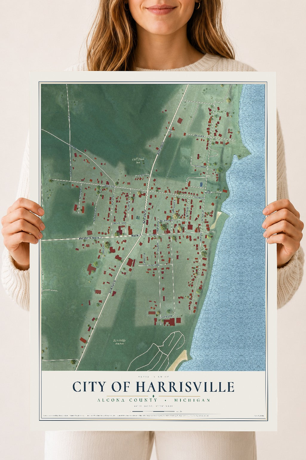 Map of Harrisville, Michigan, 18 x 24 inch unframed archival matte print