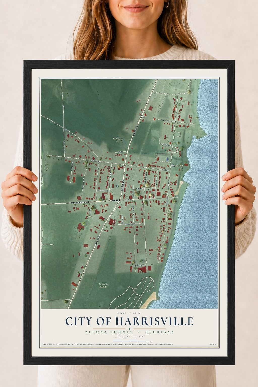 Map of Harrisville, Michigan, 18 x 24 inch print in a black wood frame