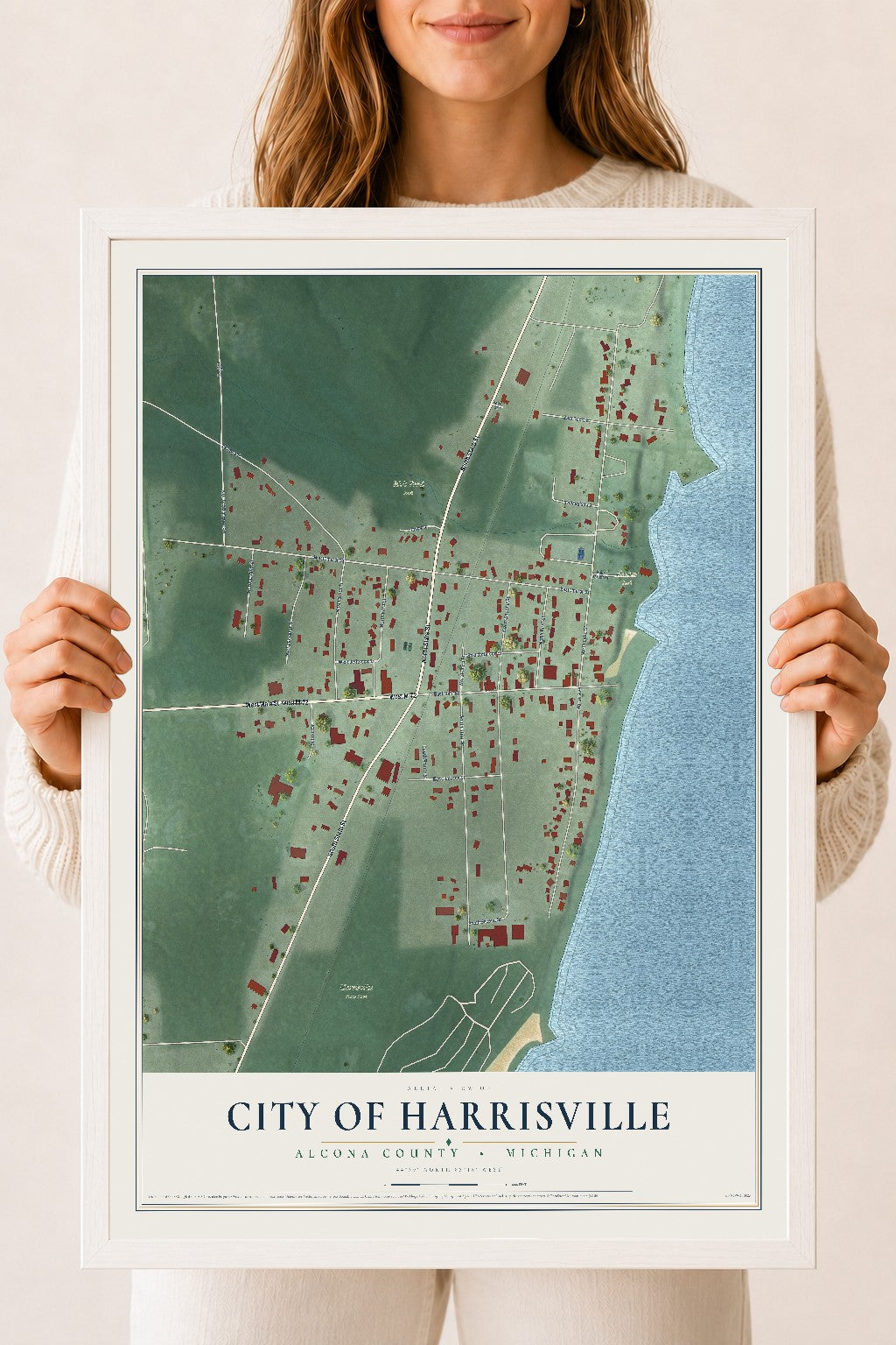 Map of Harrisville, Michigan, 18 x 24 inch print in a white wood frame
