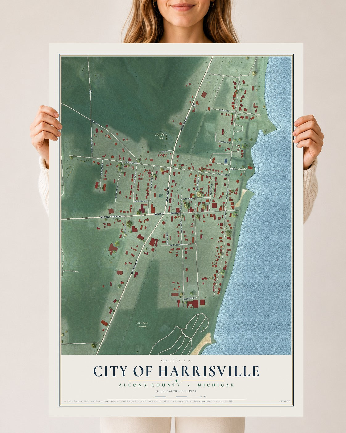 Map of Harrisville, Michigan, 24 x 36 inch unframed archival matte print