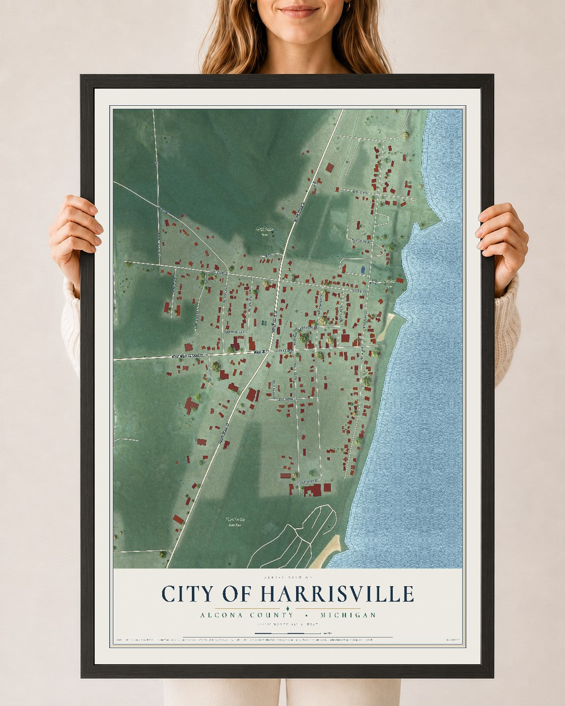 Map of Harrisville, Michigan, 24 x 36 inch print in a black wood frame