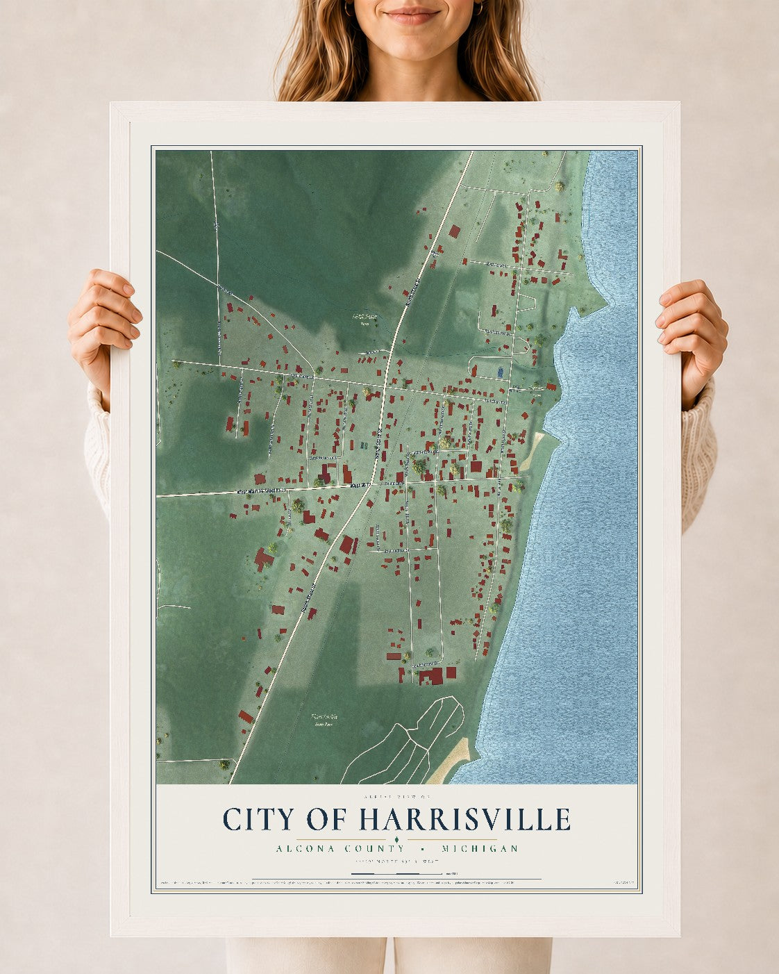 Map of Harrisville, Michigan, 24 x 36 inch print in a white wood frame