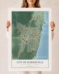 Map of Harrisville, Michigan, 24 x 36 inch print in a white wood frame