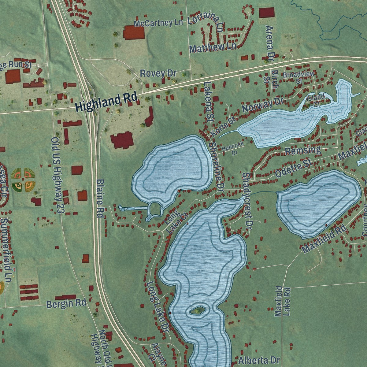 Close-up of the map of Hartland, Michigan print showing street and building detail