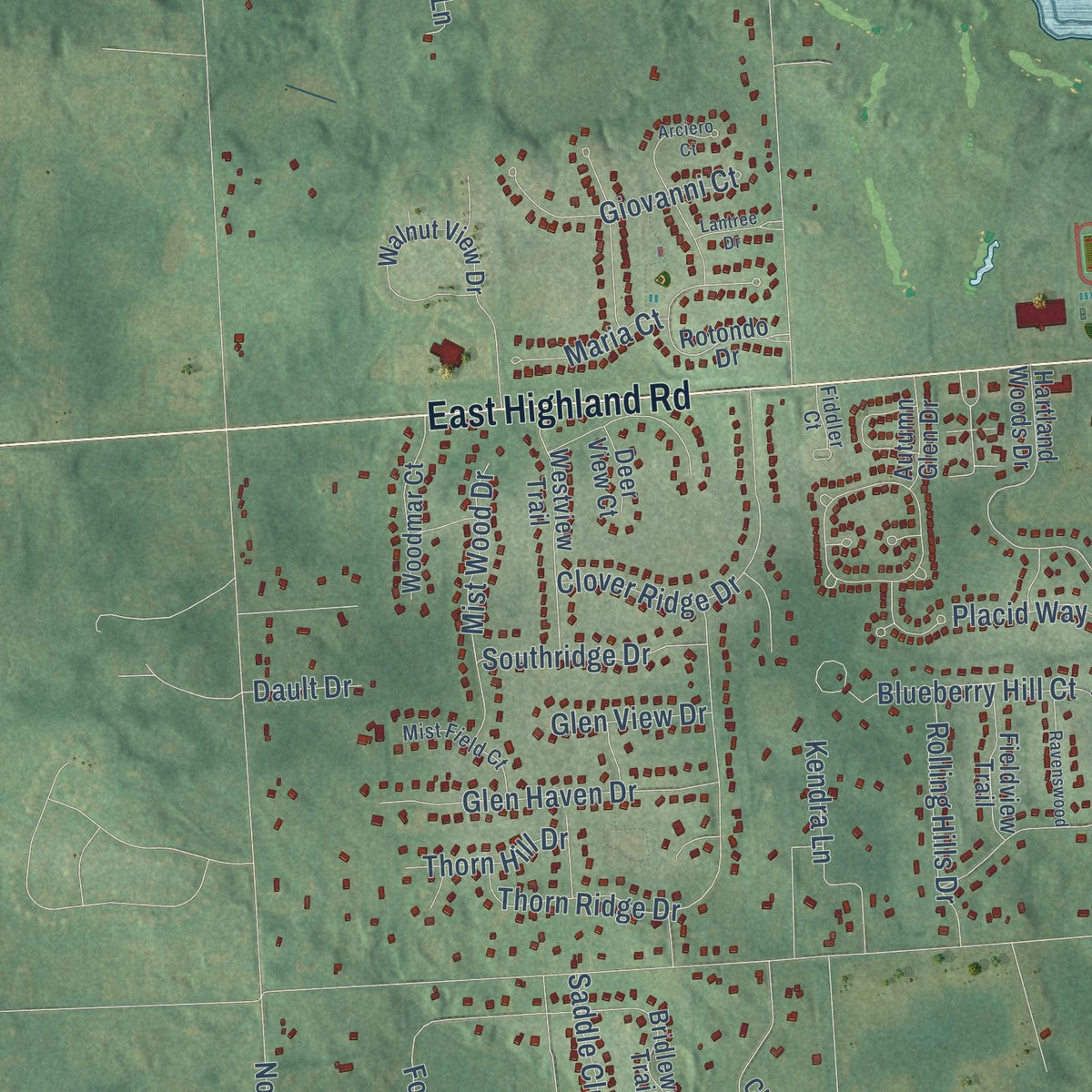 Second close-up of the map of Hartland, Michigan print showing more streets and buildings