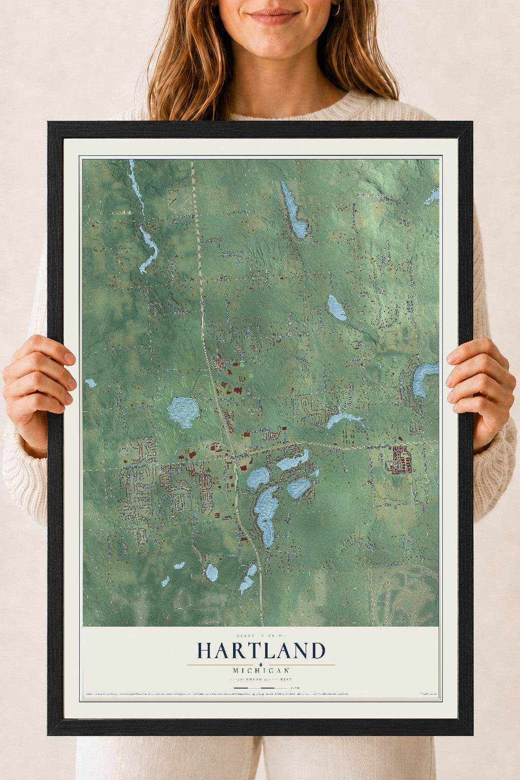 Map of Hartland, Michigan, 18 x 24 inch print in a black wood frame