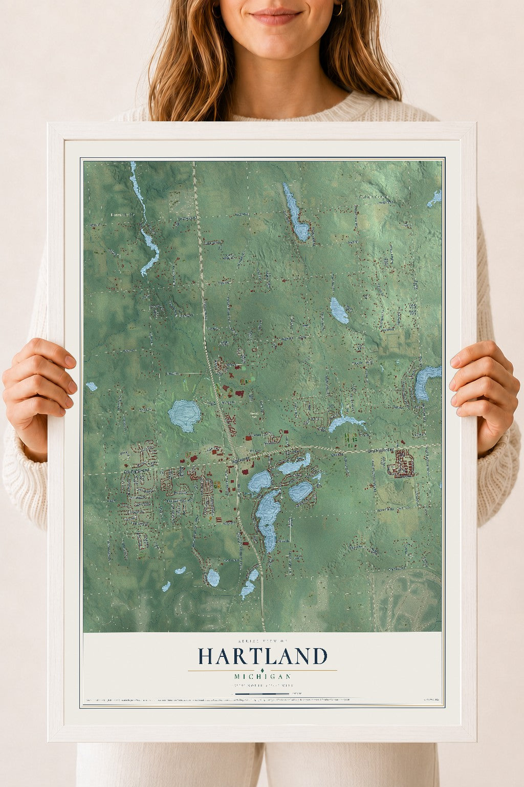 Map of Hartland, Michigan, 18 x 24 inch print in a white wood frame