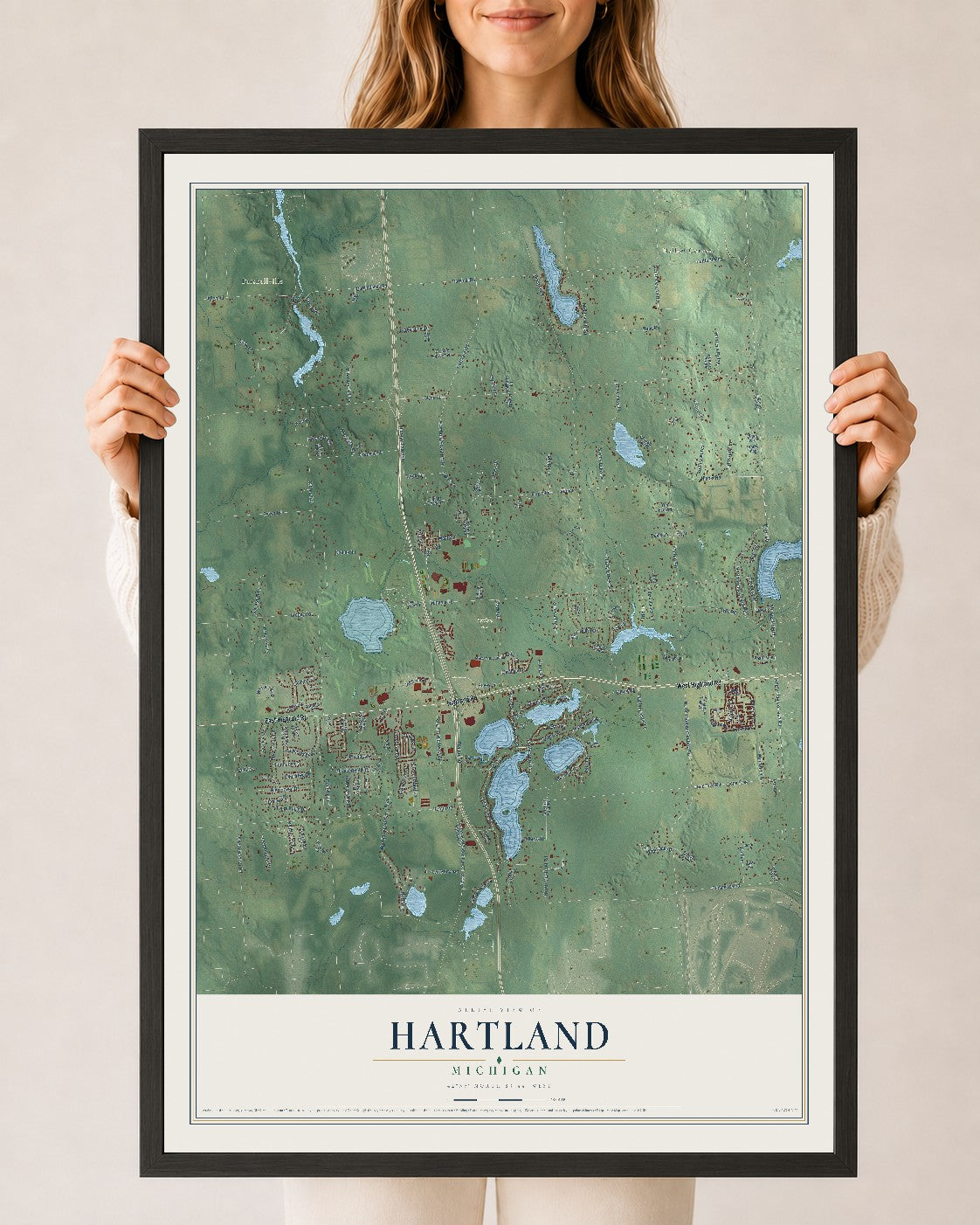 Map of Hartland, Michigan, 24 x 36 inch print in a black wood frame
