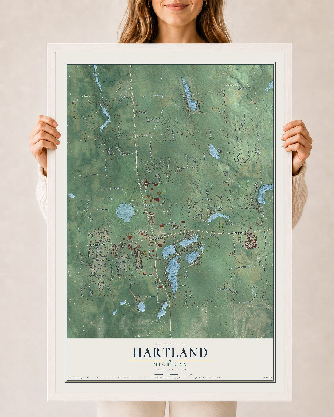 Map of Hartland, Michigan, 24 x 36 inch print in a white wood frame