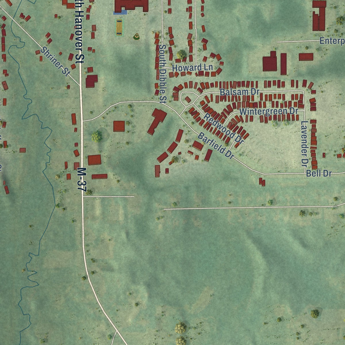 Second close-up of the map of Hastings, Michigan print showing more streets and buildings