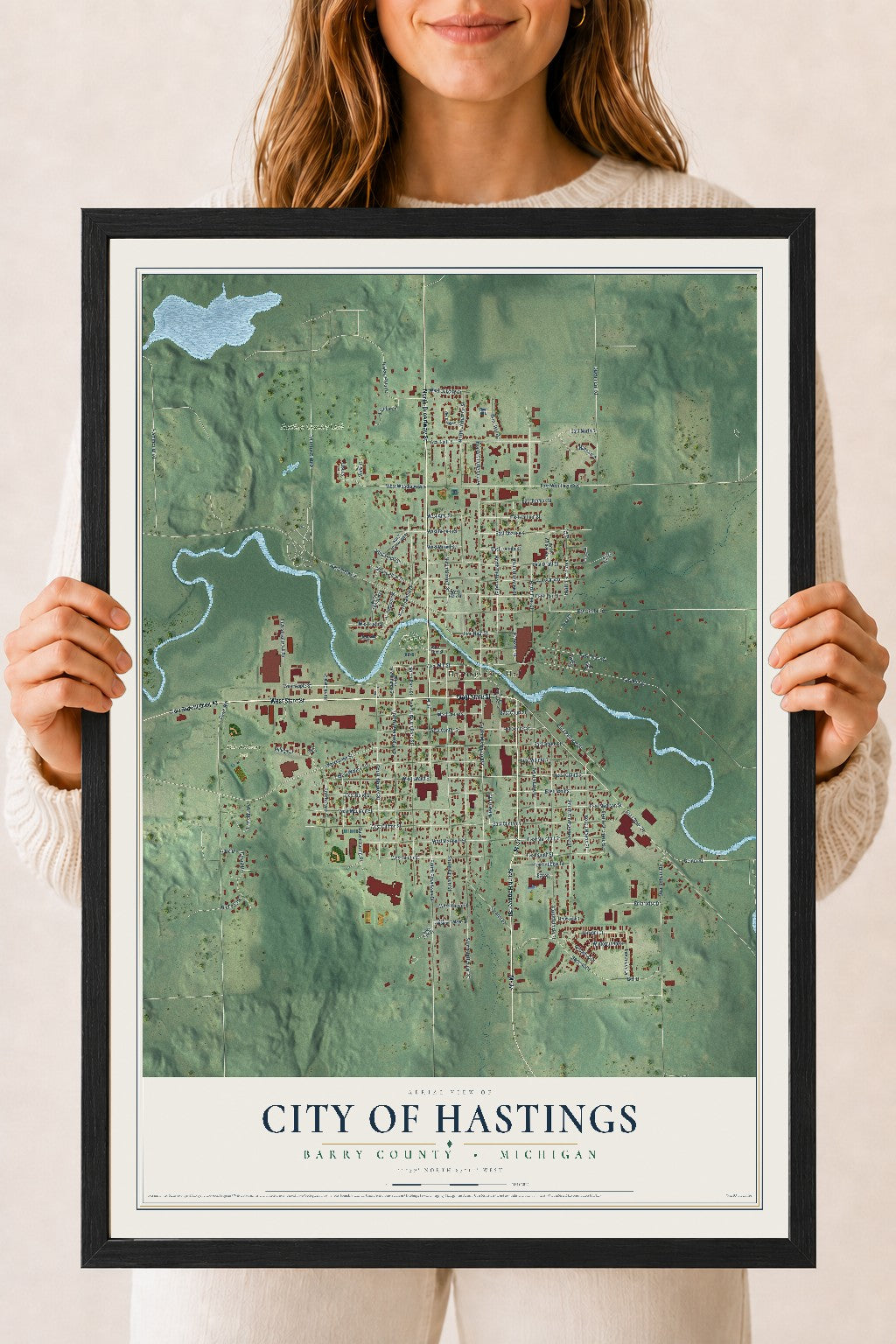 Map of Hastings, Michigan, 18 x 24 inch print in a black wood frame