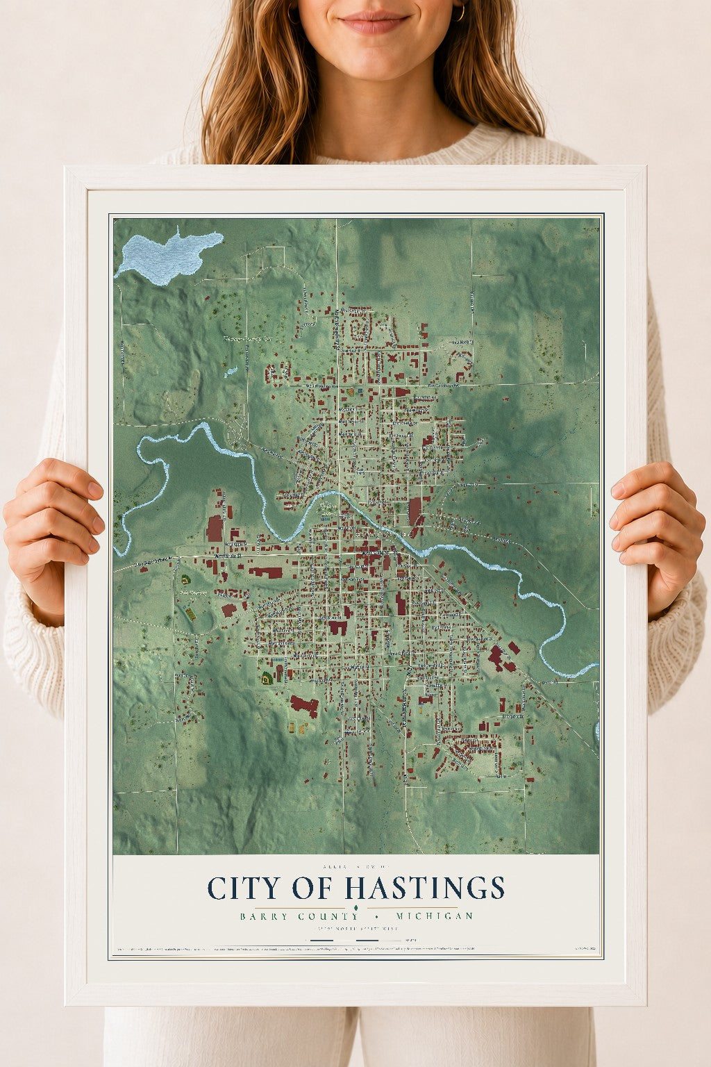 Map of Hastings, Michigan, 18 x 24 inch print in a white wood frame