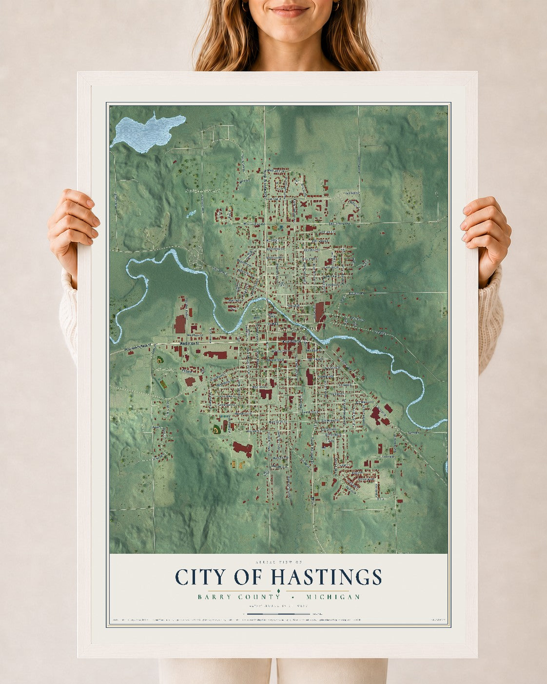 Map of Hastings, Michigan, 24 x 36 inch print in a white wood frame