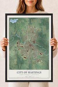 Map of Hastings, Michigan, 18 x 24 inch print in a black wood frame