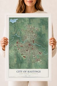 Map of Hastings, Michigan, 18 x 24 inch print in a white wood frame