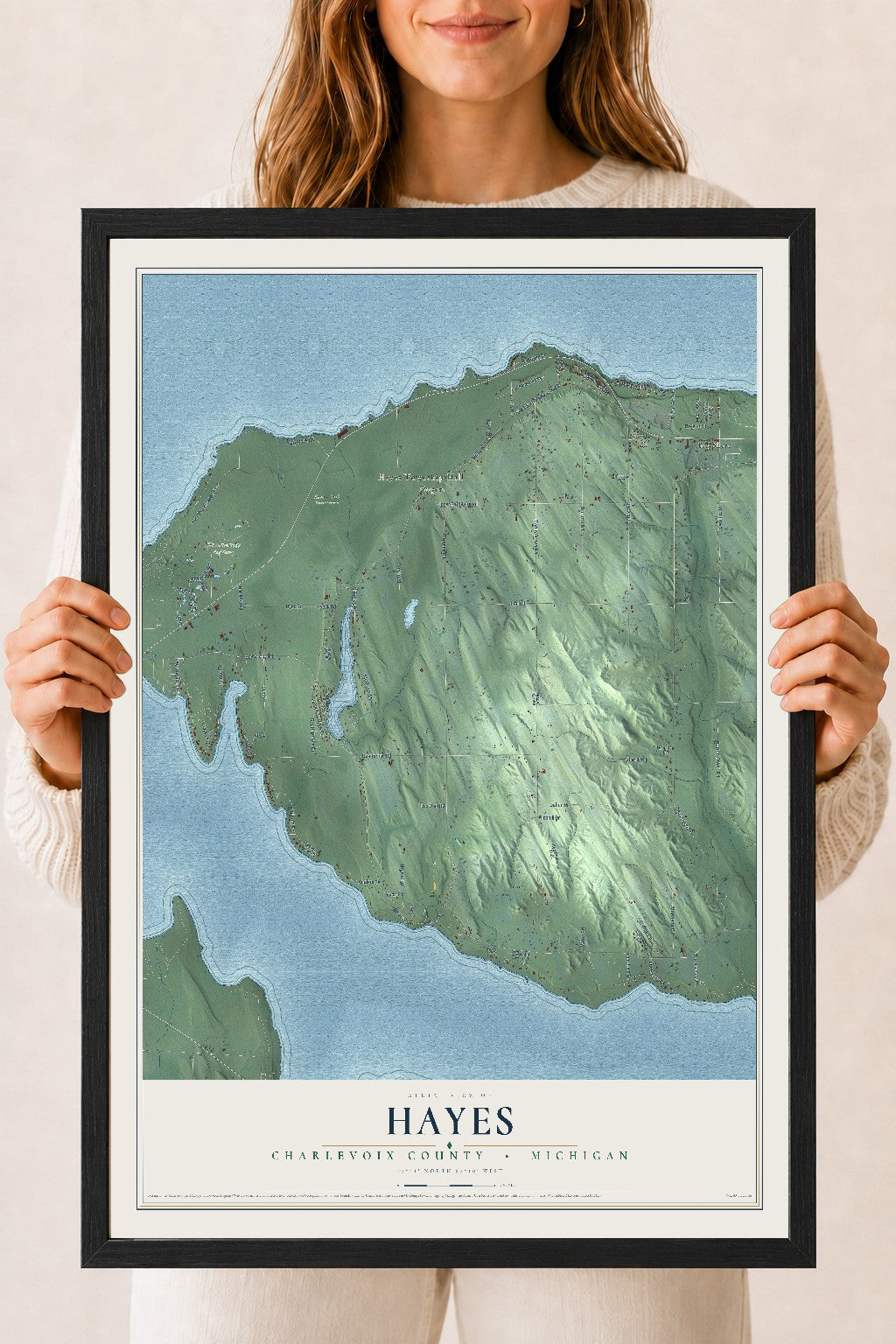 Map of Hayes, Charlevoix County, Michigan, 18 x 24 inch print in a black wood frame