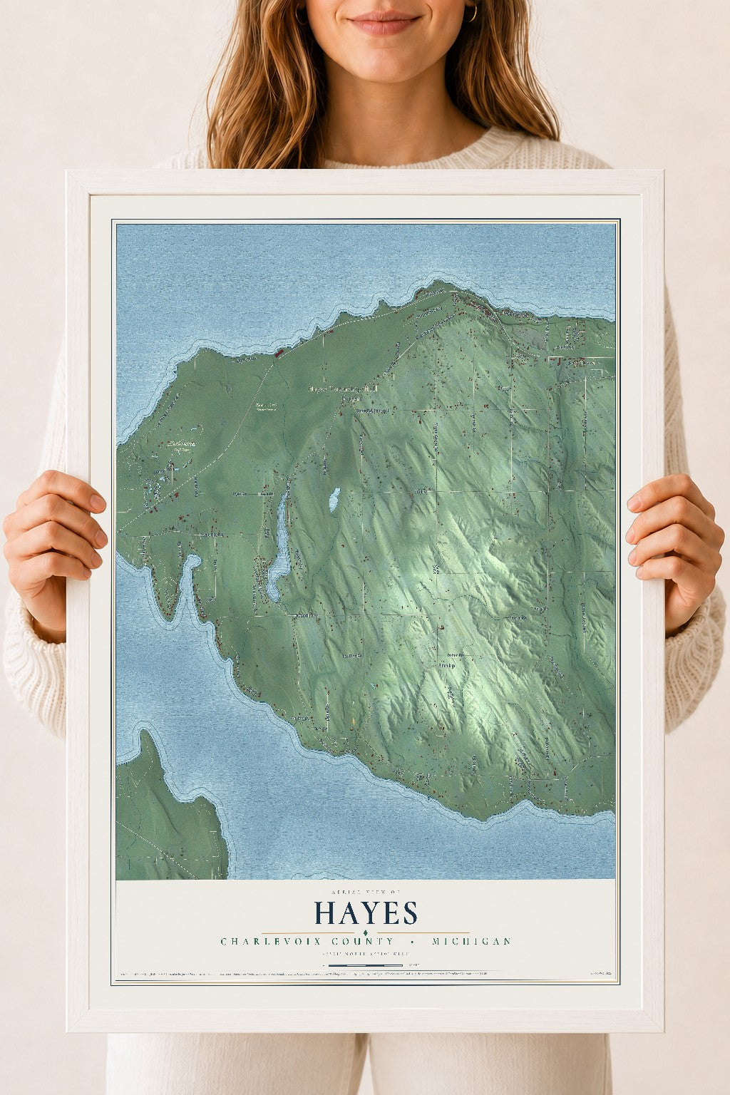 Map of Hayes, Charlevoix County, Michigan, 18 x 24 inch print in a white wood frame