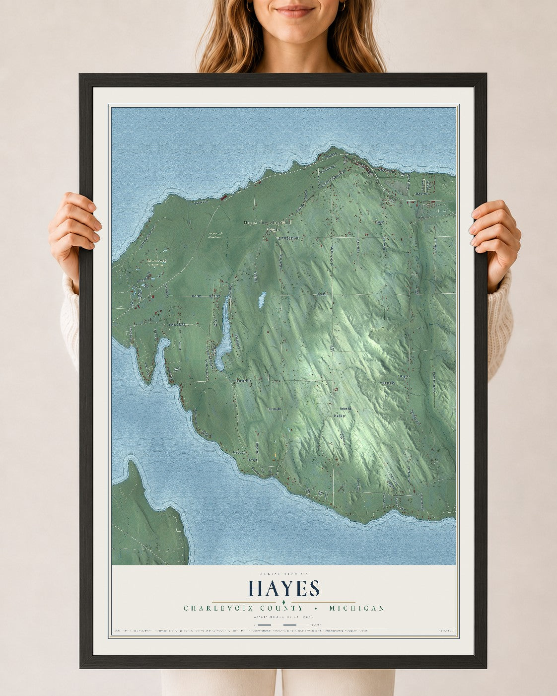 Map of Hayes, Charlevoix County, Michigan, 24 x 36 inch print in a black wood frame