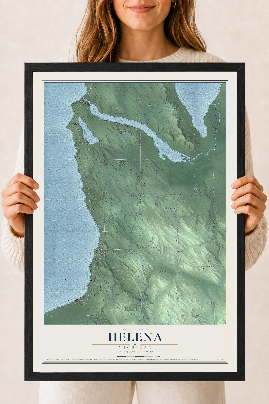 Map of Helena, Michigan, 18 x 24 inch print in a black wood frame