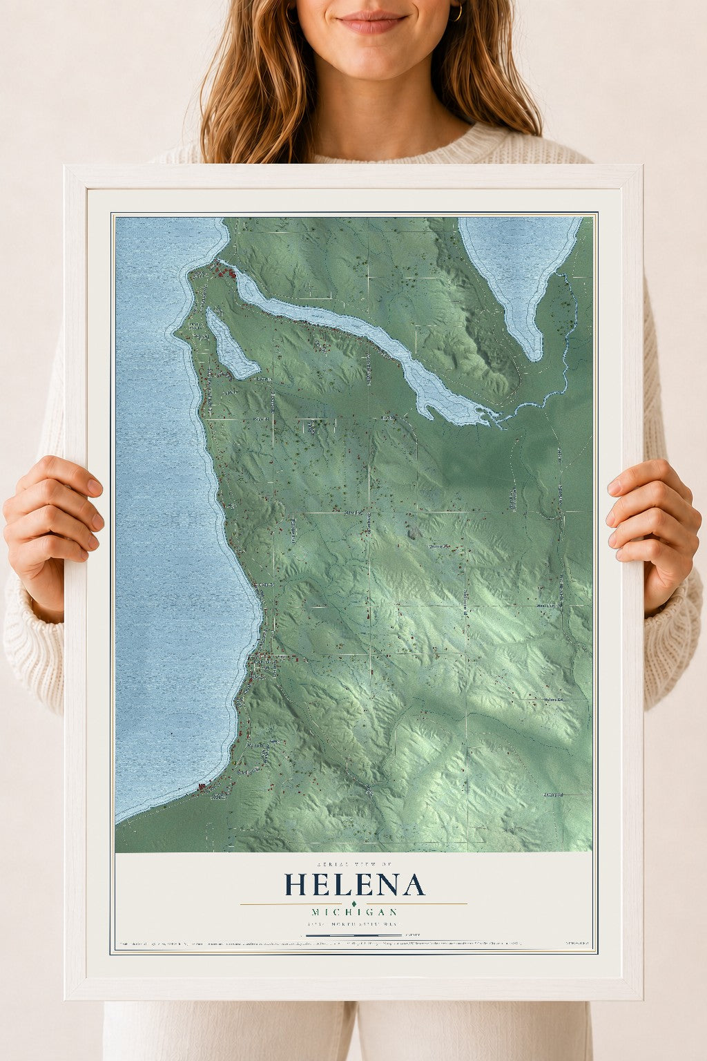 Map of Helena, Michigan, 18 x 24 inch print in a white wood frame