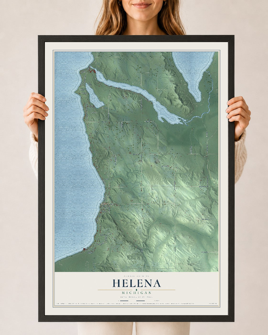 Map of Helena, Michigan, 24 x 36 inch print in a black wood frame