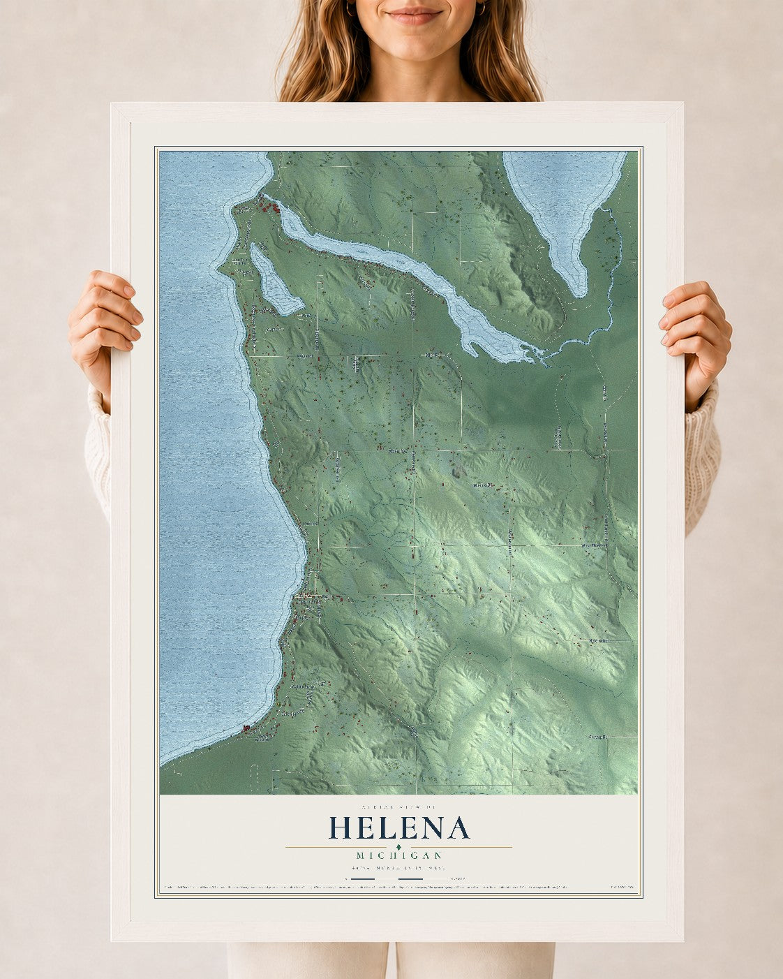 Map of Helena, Michigan, 24 x 36 inch print in a white wood frame