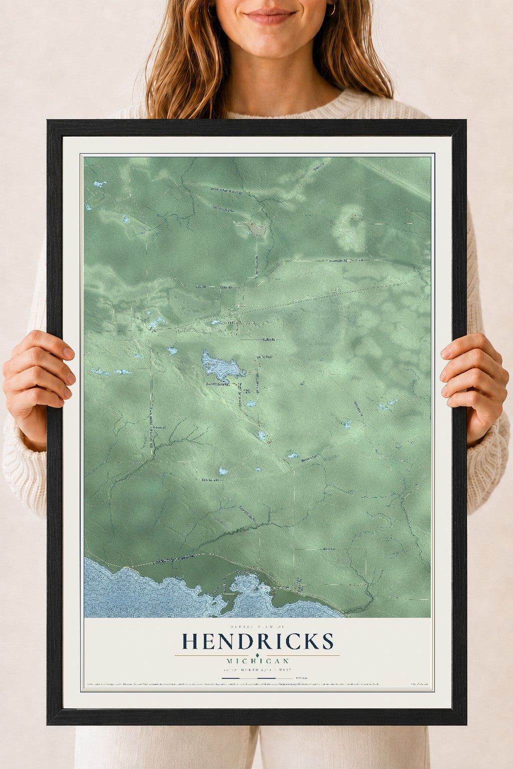 Map of Hendricks, Michigan, 18 x 24 inch print in a black wood frame