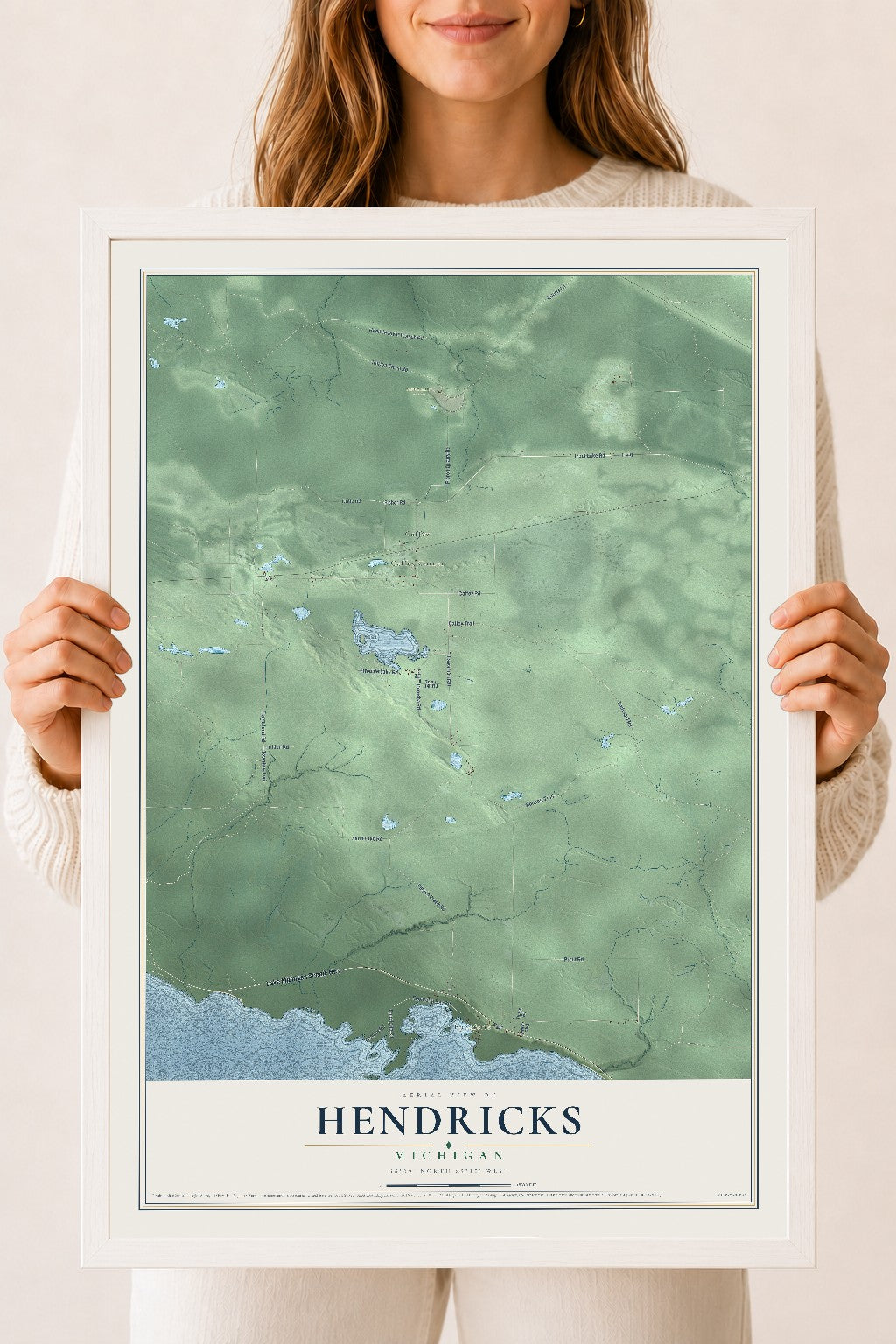 Map of Hendricks, Michigan, 18 x 24 inch print in a white wood frame