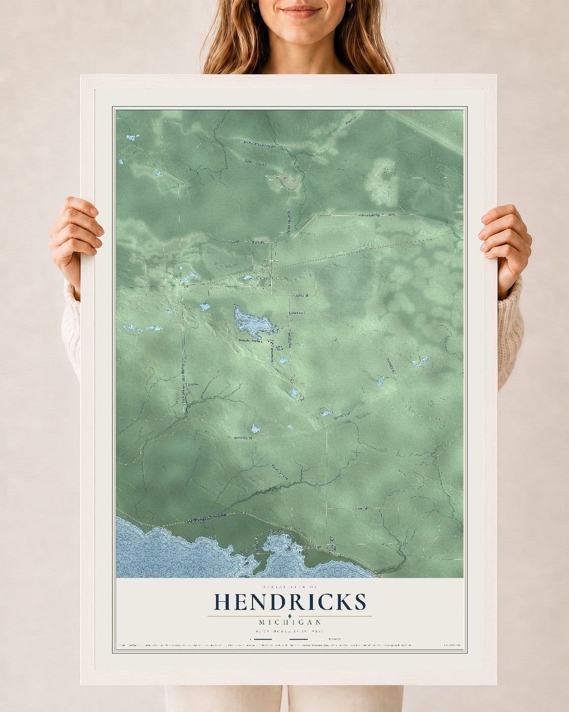 Map of Hendricks, Michigan, 24 x 36 inch print in a white wood frame